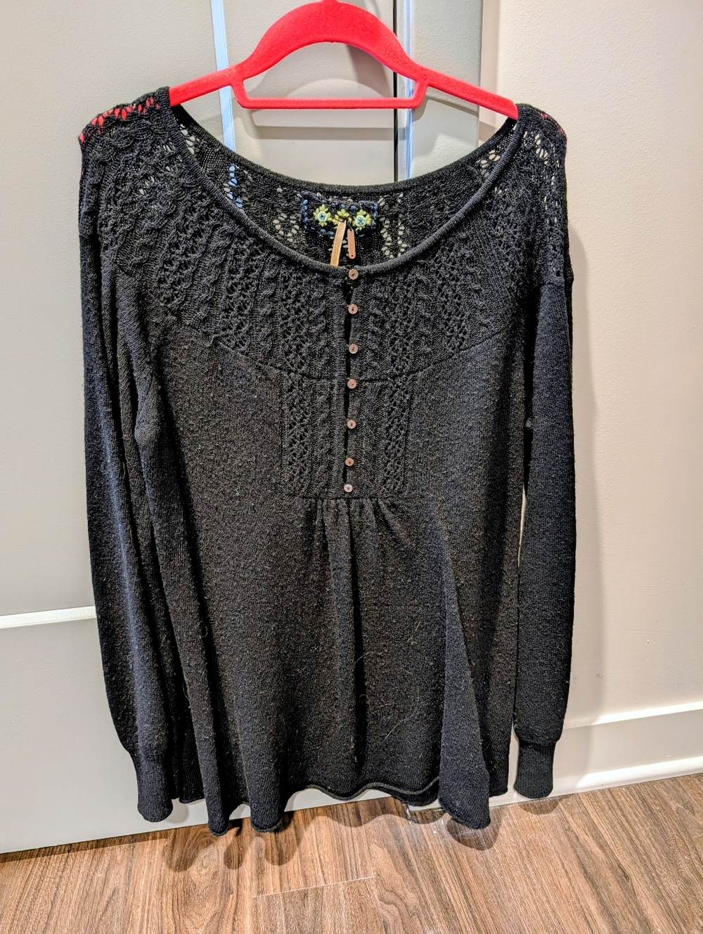 Free People Black Crochet Embroidered Button Front Top
